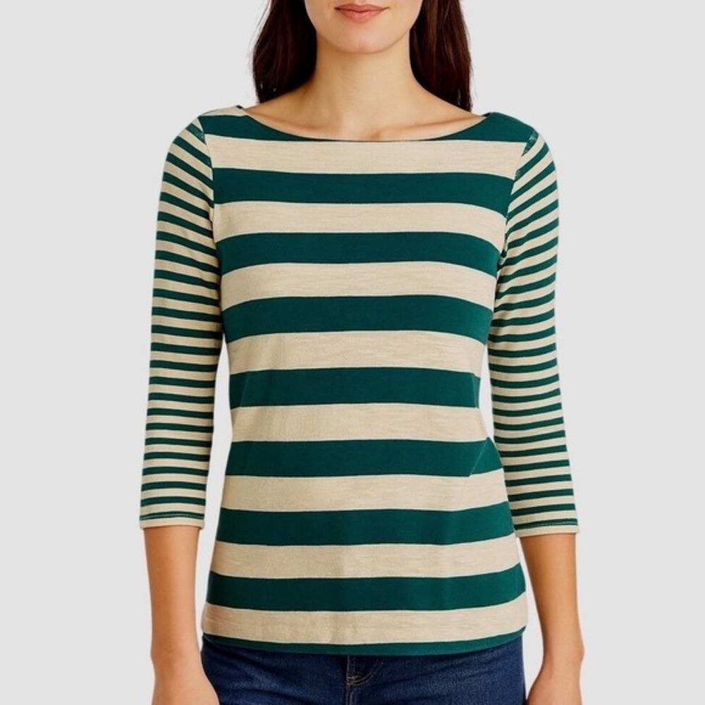 Ann Taylor LOFT Striped Boat Neck Top Teal Green Cream Cotton XS Fairycore 69-46
